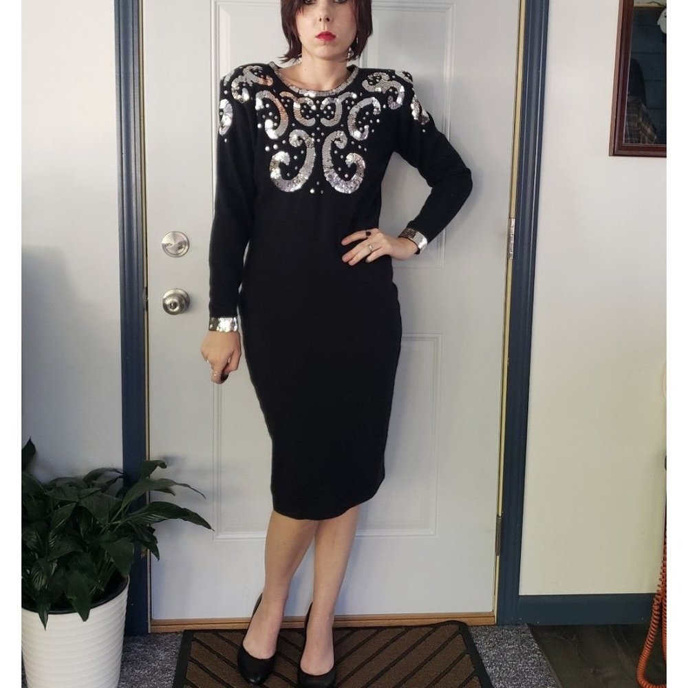 80s Black Lambswool with‎ Silver Sequins Sweater Dress